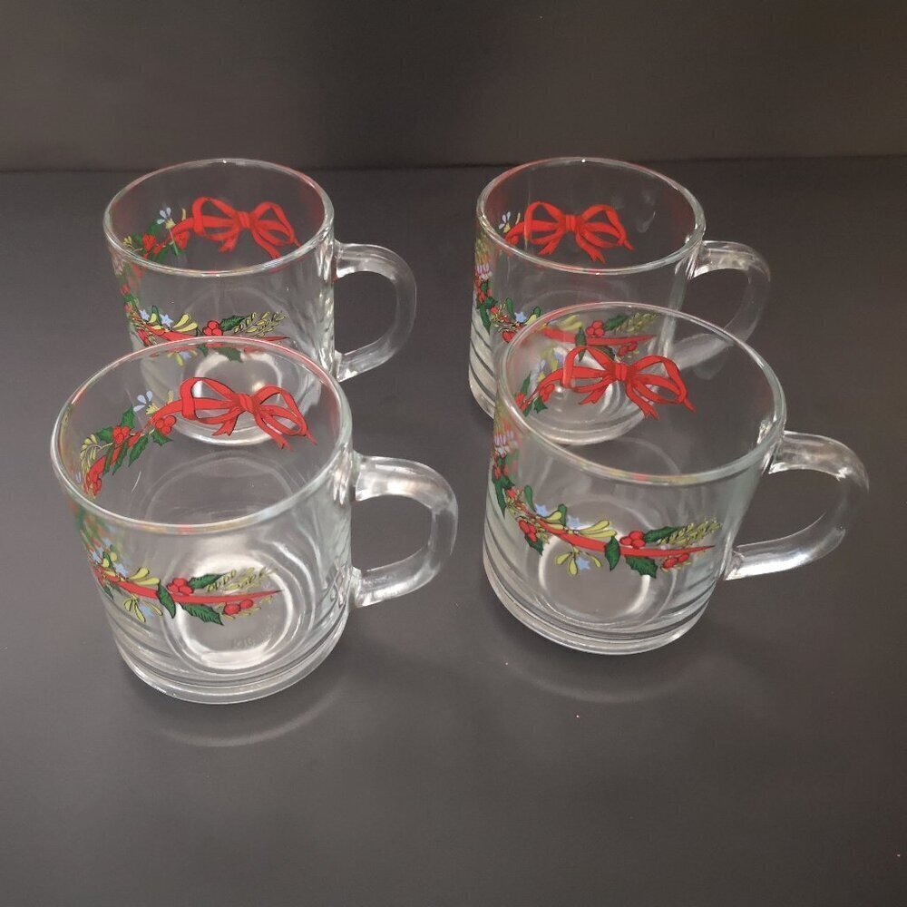 Vintage KIG Indonesia Set of 4 Christmas Mugs w/ Holly Berries & a Red Bow 3.5"